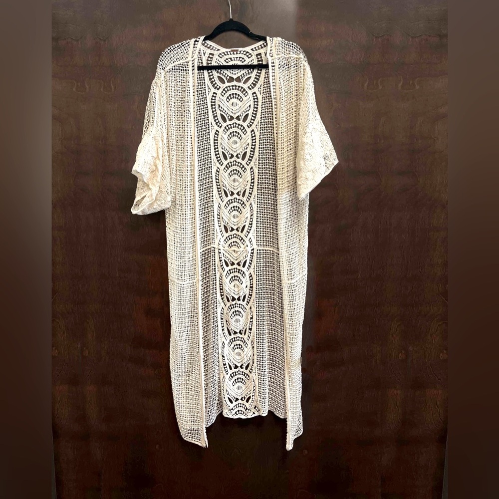 Free people crochet long kimono with detail down the back